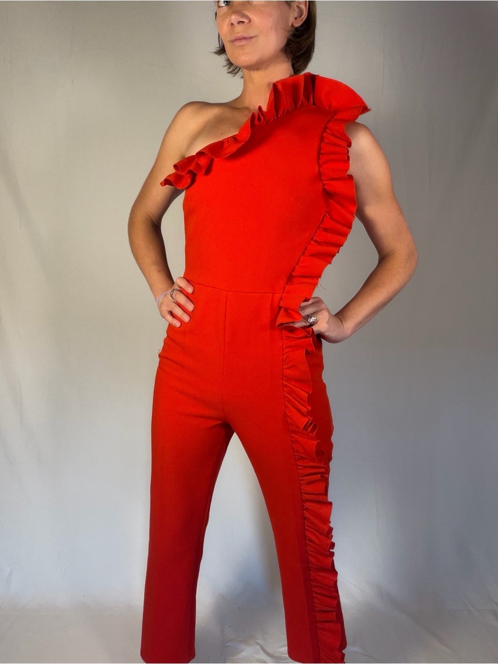 MSGM One-Shoulder Red Ruffle Jumpsuit